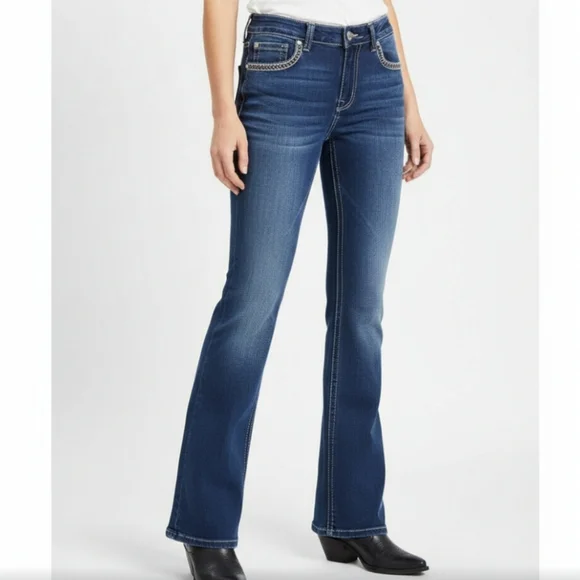 WESTFIELD EAGLE Womens Mid Rise Boot Cut Jeans Western Embroidered Rhinestone 13 - Picture 3 of 14